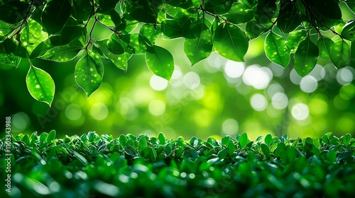 Fresh green grass and vibrant leaves create a springtime atmosphere, springtime banner for advertising photo