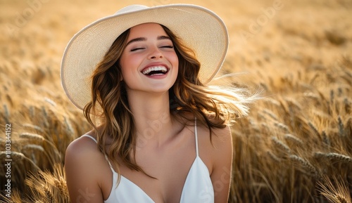 A beautiful woman wearing a white dress and sun hat is smiling while standing in a field with her hands on her head, a happy expression on her face photo