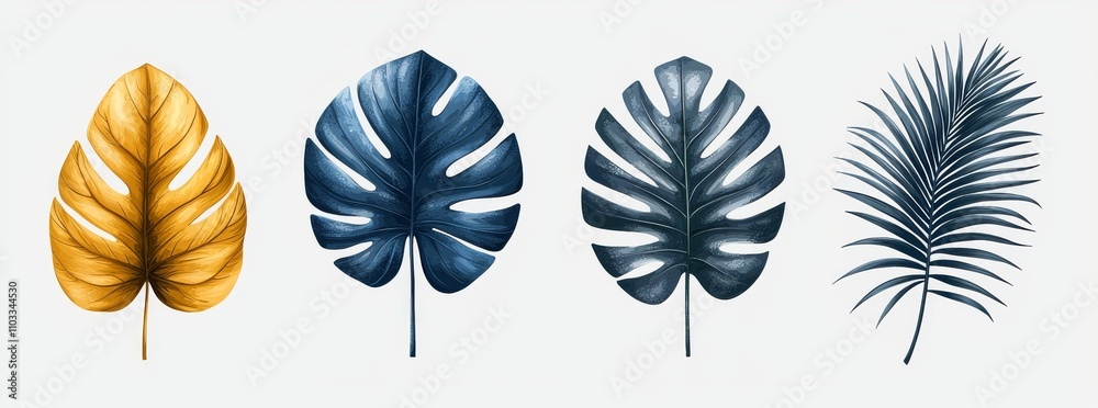 A solitary tropical palm leaf. A collection of realistic Monstera plant leaves. Contemporary jungle foliage ideal for Hawaiian designs. Artistic botany clipart featuring exquisite Thai botanical A solitary tropical palm leaf. A collection of realistic Monstera plant leaves. Contemporary jungle foliage ideal for Hawaiian designs. Artistic botany clipart featuring exquisite Thai botanical
