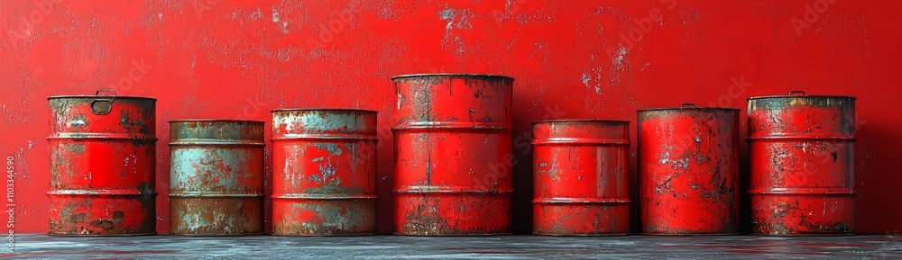 Obraz premium In an isolated render design, a modern 3D mockup displays a red oil barrel, a metal gas can, and a chemical container package for petroleum or gasoline, featuring a realistic canister.