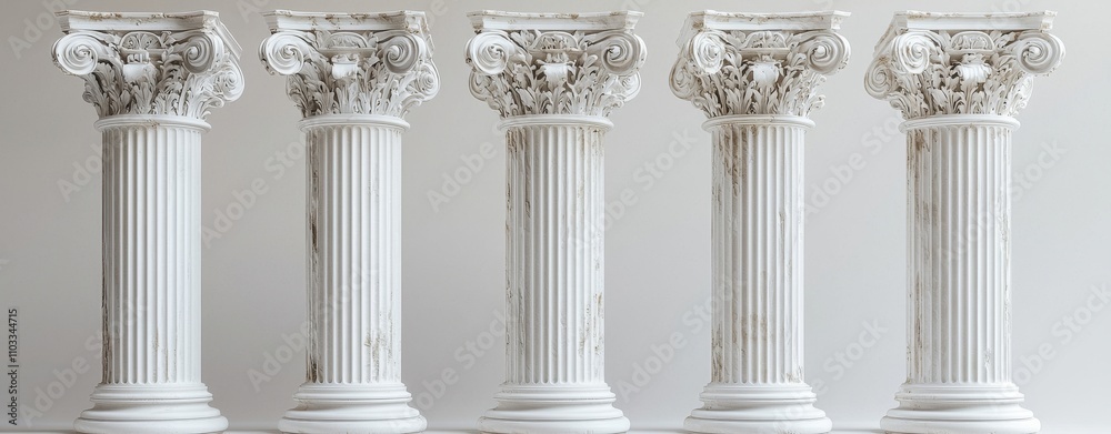 Naklejka premium A modern, lifelike 3D depiction of antique white pillars, isolated on a backdrop, displaying square marble columns, pedestals for showcasing products, and elements of ancient palace balustrade