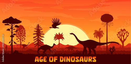 Sunset landscape with prehistoric era dinosaur silhouettes, vector background. Jurassic dinosaurs, lizards and reptiles silhouettes in sunset for dino park or paleontology museum and atlas book