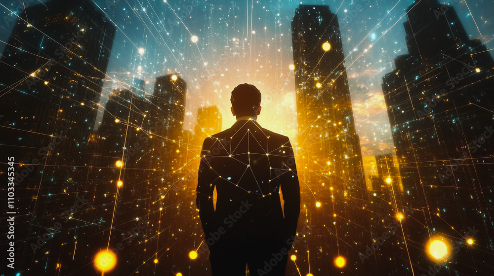Abstract business man stands on the peak of success amid tall, innovative Smart city and graphs with statistics to analyze business potential and predict future developments in company growth. Abstract business man stands on the peak of success amid tall, innovative Smart city and graphs with statistics to analyze business potential and predict future developments in company growth.