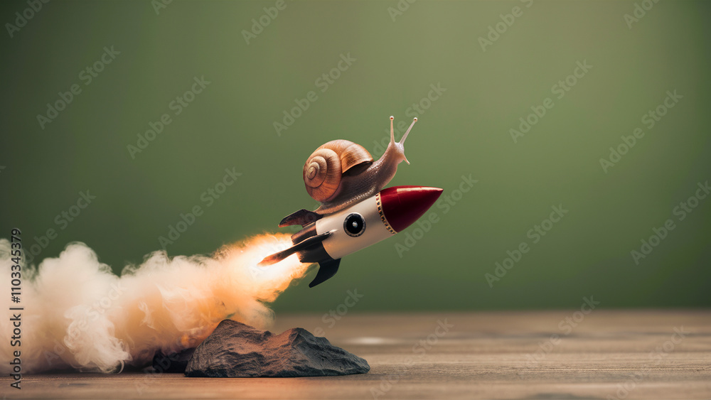 Obraz premium A whimsical and surreal image of a snail riding on a rocket, combining elements of speed and slowness, symbolizing the contrast between patience and acceleration