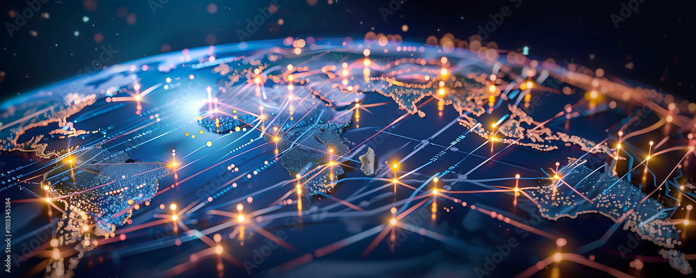 Obraz premium Abstract digital world map, business trading, global network connectivity, cyber technology data transfer, telecommunication transaction