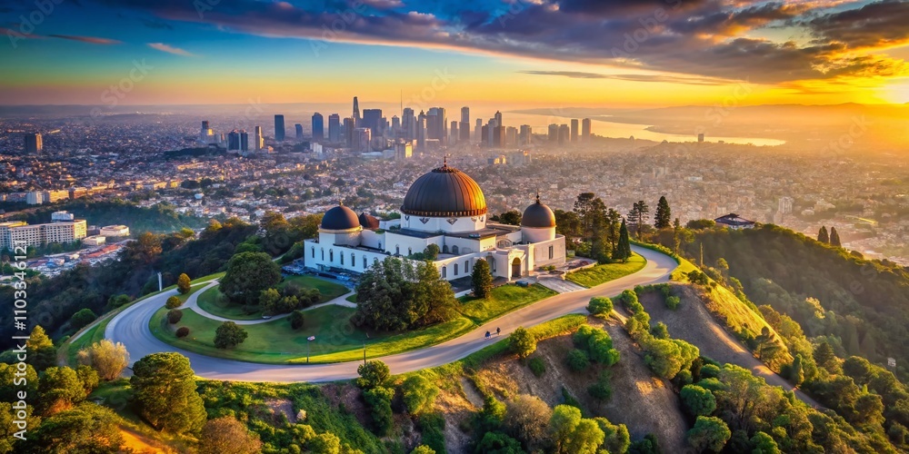 Aerial View of Griffith Observatory Park in Los Angeles Captured with Bokeh Effect, Showcasing Urban Landscape, Nature, and Iconic Architecture from Drone Perspective