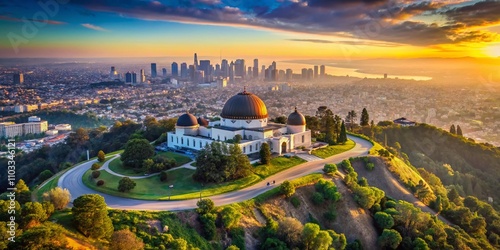 Obraz na płótnie Aerial View of Griffith Observatory Park in Los Angeles Captured with Bokeh Effect, Showcasing Urban Landscape, Nature, and Iconic Architecture from Drone Perspective w salonie