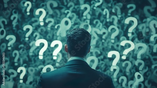 questions, business man looking at interrogation marks, why what where when how who