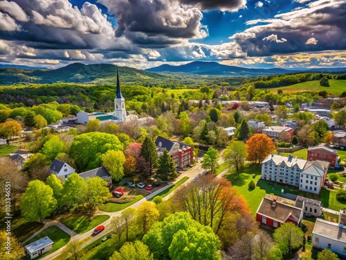 Aerial View of Hanover, NH in Spring: Vibrant Greenery and Partly Cloudy Skies Captured from Above, Showcasing the Town's Natural Beauty and Scenic Landscape