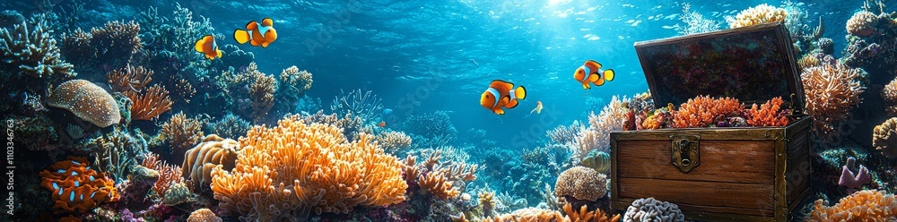 Fototapeta premium An underwater scene set on the seabed with a treasure chest. A cartoon backdrop for an ocean-themed game, complete with stones, algae, coral, weeds, and fish.