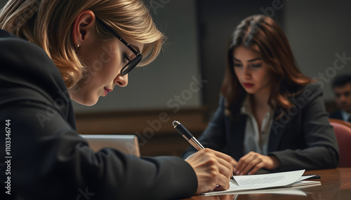 Woman detective writing down the testimony of a suspect indicted in a crime isolated highlighted by white, png