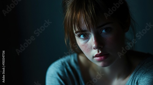 Sad woman, portrait or fear with trauma for abuse, anxiety or stress in mental illness on a dark studio background. Scared, female person or nervous victim with worry, afraid or feeling in isolation
