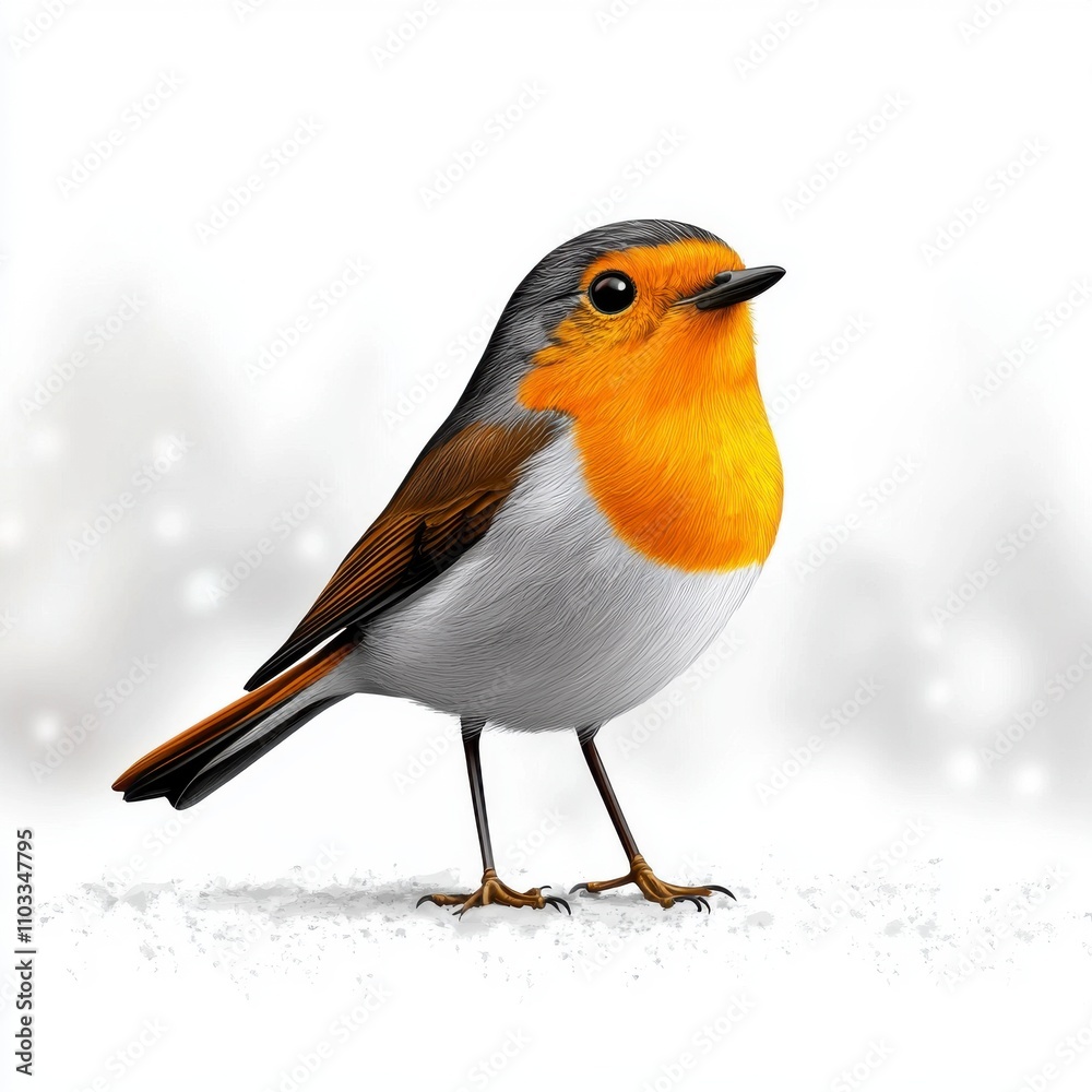 A vibrant bird with an orange chest, perched in a snowy setting, showcasing its striking features against a soft, blurred background. A vibrant bird with an orange chest, perched in a snowy setting, showcasing its striking features against a soft, blurred background.