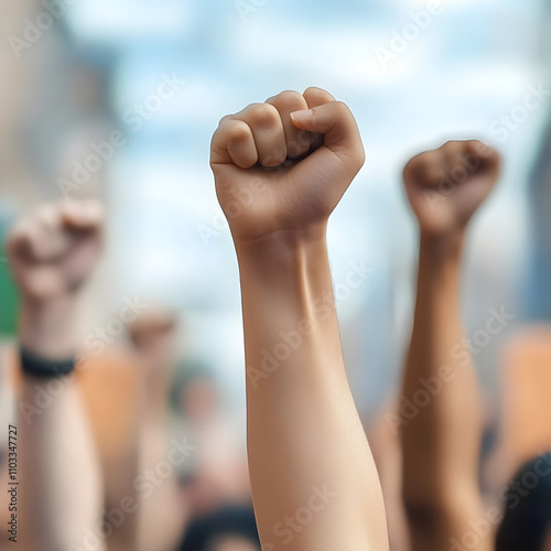 People raising fist with unfocused background in a pacifist protest against racism demanding justice. photo