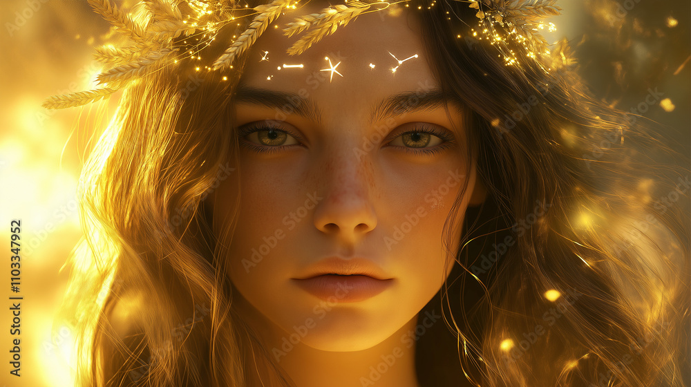 Astrology-inspired depiction of Virgo with celestial crown and glowing aura Astrology-inspired depiction of Virgo with celestial crown and glowing aura