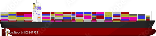 Large Black Container Ship. Side profile of a large container vessel with containers on deck. Isolated vector illustration.