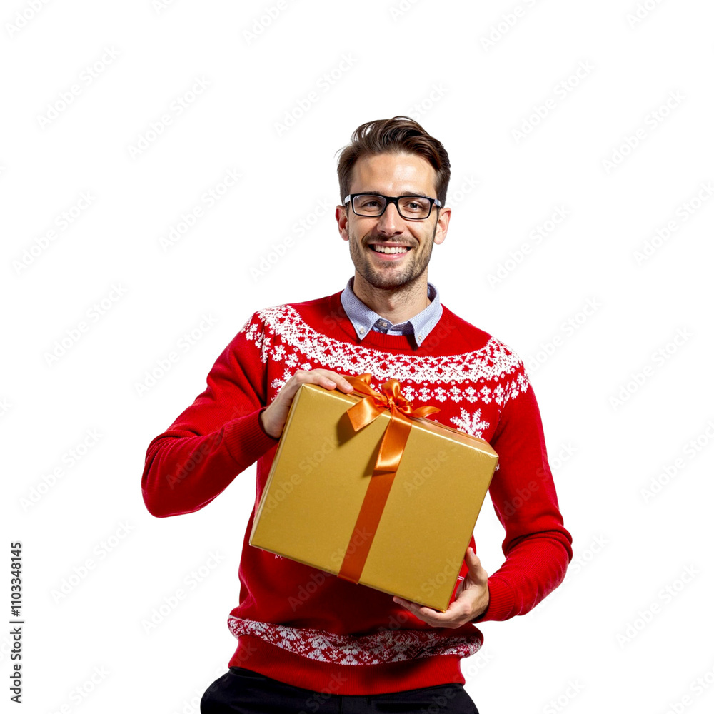 A man dressed in a sweater with a Christmas ornament holds a Christmas gift in his hand against a transparent background. Man with a gift png. New Year