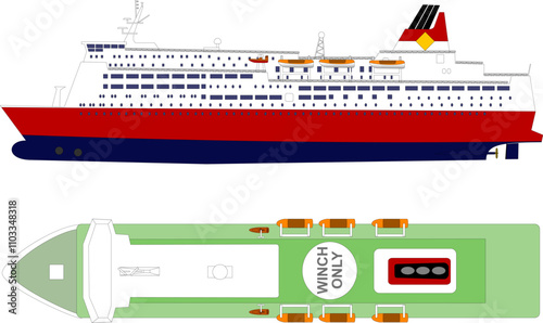 Red Passenger Ferry. Side and top profile of a red ro ro ferry with a helicopter winching area visible. Isolated vector illustration. 