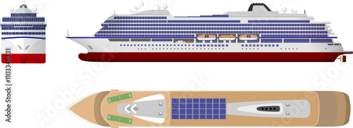 Modern Cruise Liner. Side, front and top profile of a 21st century passenger cruise ship. Detailed isolated vector illustration.