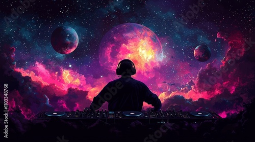 A space festival mood board showcasing a DJ performance. An invite to a music concert or show. A shuttle and alien station in a galaxy filled with planets. A contemporary fantasy background of the