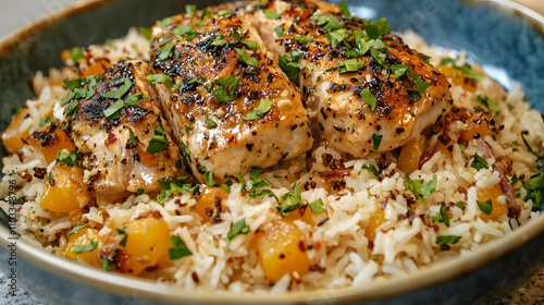 Grilled Salmon with Quinoa and Peach Rice Bowl