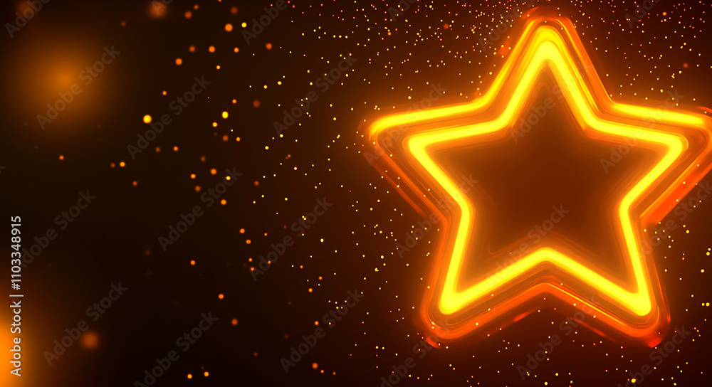 glowing golden star shines brightly against dark background, surrounded by sparkling particles that create magical atmosphere. This vibrant illustration captures essence of celebration and joy