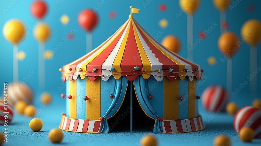 Obraz premium A contemporary cartoon symbol of a circus tent at a festival, set under a canopy with a flag on top, representing a carnival or amusement park.