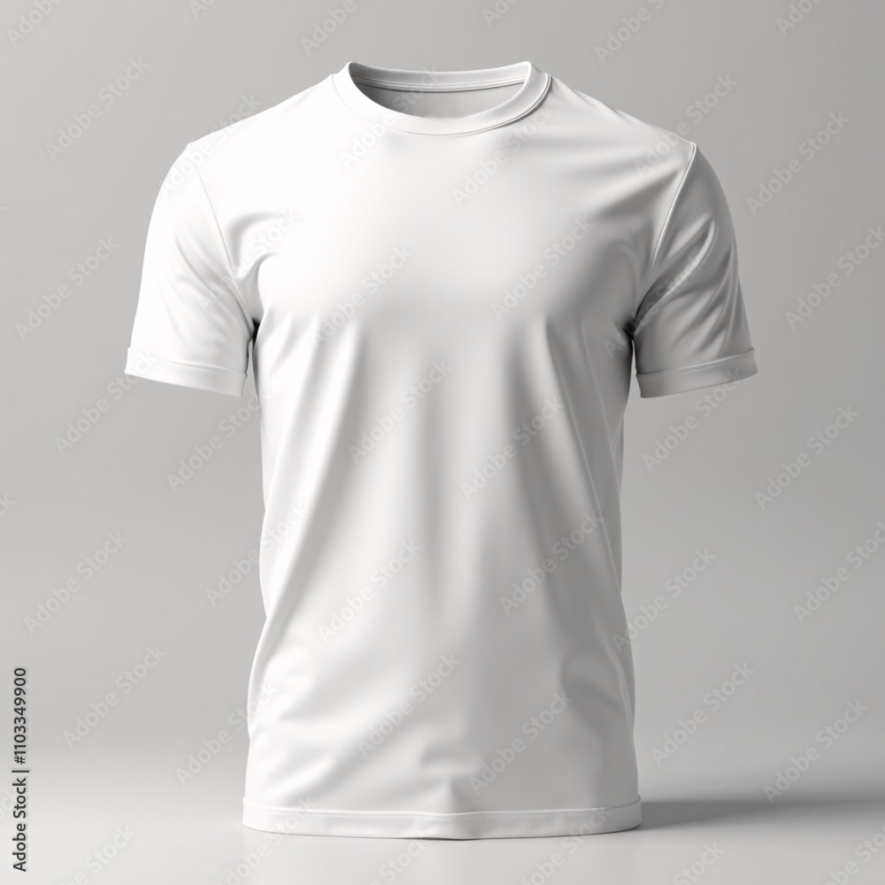 Plain white t-shirt, made of soft fabric with thick round collar, displayed on a flat surface in studio lighting. Suitable for mockup design Plain white t-shirt, made of soft fabric with thick round collar, displayed on a flat surface in studio lighting. Suitable for mockup design