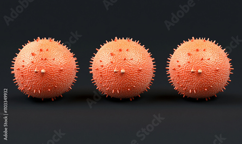 3D render of three cartoon style angry red viruses, showcasing their spiky surfaces and vibrant color. This image captures essence of viral representation in playful yet striking manner