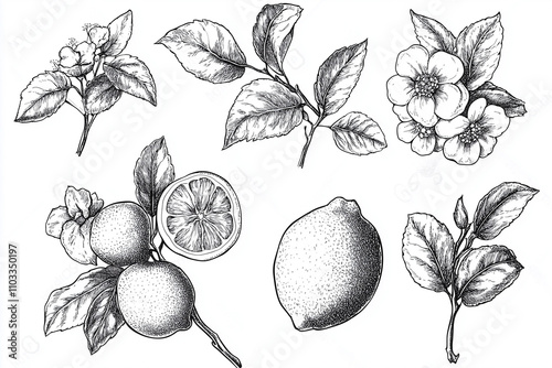Hand drawn etching lemon with leaves and flower set. Fruit tree branch in sketch style, whole fresh citrus, Ai