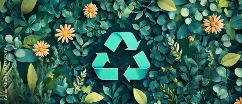Design showcases the theme of sustainability, integrating a recycling symbol surrounded by lush green foliage and colorful flowers representing nature's beauty