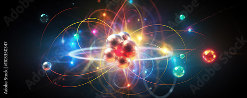 Colorful representation of an atom with particles and energy waves floating in space