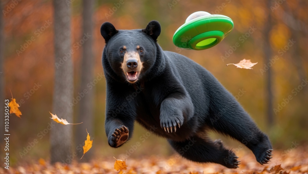 Playful Black Bear in Mid-Air Catching a Green Toy Disc Playful Black Bear in Mid-Air Catching a Green Toy Disc