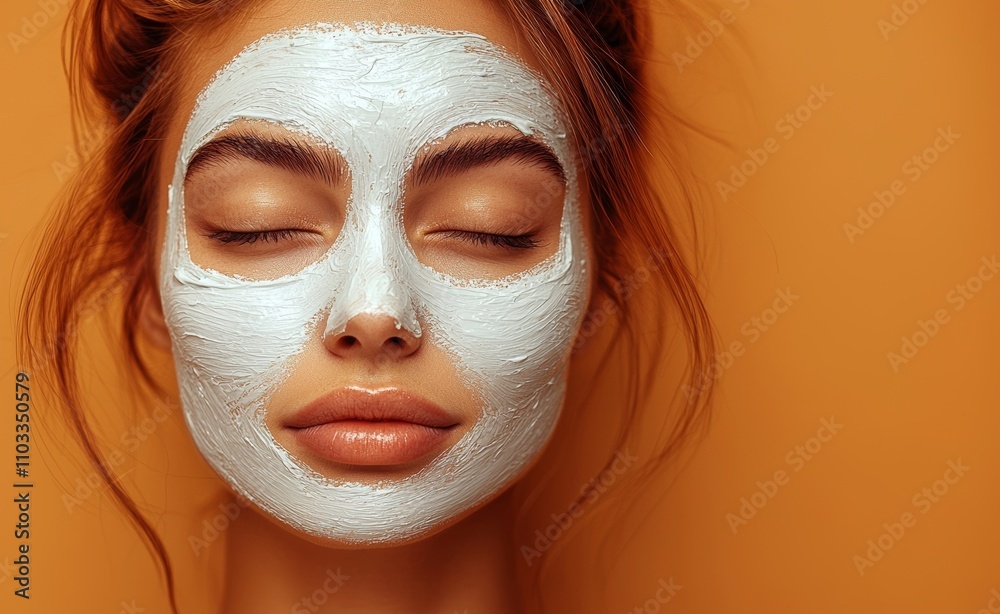 With a facial mask on, a young European lady enjoys beauty treatments as she stands in front of a beige studio backdrop, looking straight at the camera.
