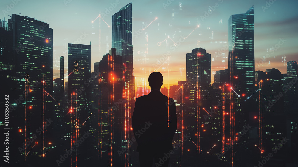 Abstract business man stands on the peak of success amid tall, innovative Smart city and graphs with statistics to analyze business potential and predict future developments in company growth. Abstract business man stands on the peak of success amid tall, innovative Smart city and graphs with statistics to analyze business potential and predict future developments in company growth.