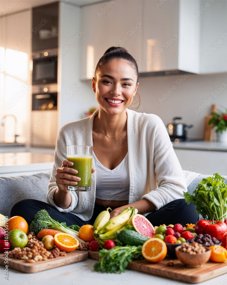 Smiling woman in a modern kitchen holding a green smoothie surrounded by a vibrant array of fresh fruits, vegetables, and nuts, showcasing a healthy lifestyle and colorful food presentation. Smiling woman in a modern kitchen holding a green smoothie surrounded by a vibrant array of fresh fruits, vegetables, and nuts, showcasing a healthy lifestyle and colorful food presentation.