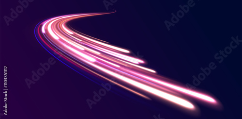 Light trail wave, fire path trace line, car lights, optic fiber and incandescence curve twirl. Vector glowing lines air flow effect.  Big data traffic visualization, dynamic high speed, png, effect.