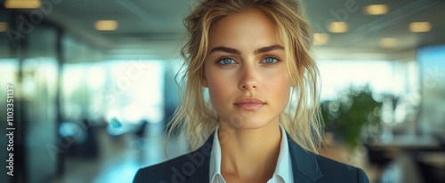 fullheight portrait of a stylish businesswoman in a tailored suit exuding confidence and professionalism standing poised in a modern office environment photo