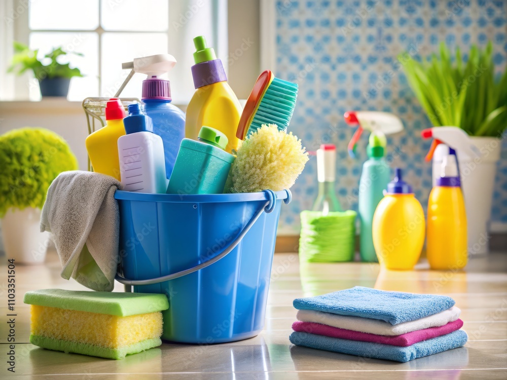 A Colorful Collection of Cleaning Supplies in a Bucket on a Tiled Bathroom Floor, Showcasing Essential Items for Home Maintenance and Hygiene in a Vibrant Setting A Colorful Collection of Cleaning Supplies in a Bucket on a Tiled Bathroom Floor, Showcasing Essential Items for Home Maintenance and Hygiene in a Vibrant Setting