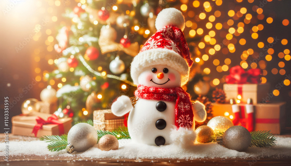 Obraz premium A snowman with a red hat and scarf is standing in front of a Christmas tree