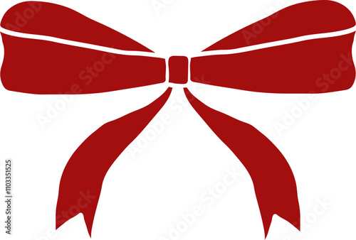 Decorative red gift bow with ribbon for Christmas and birthday cards, present boxes, weddings or holiday packaging. Vector design element and illustration.