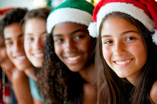 A group of young people are smiling and wearing Christmas hats