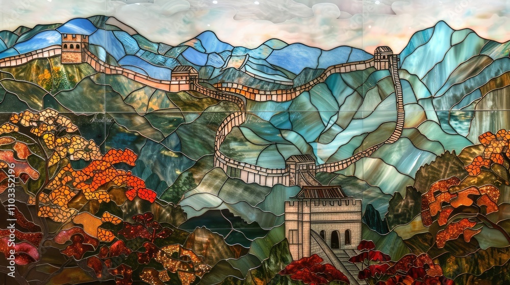 Obraz premium Mosaic of the Great Wall of China with a background of mountains