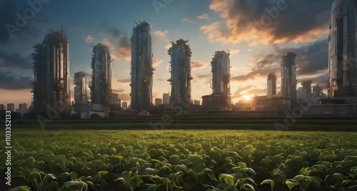 A time-lapse of fields growing under a vivid sky, merging into a futuristic city where plants are growing on skyscrapers and food is produced in labs that look more like art studios