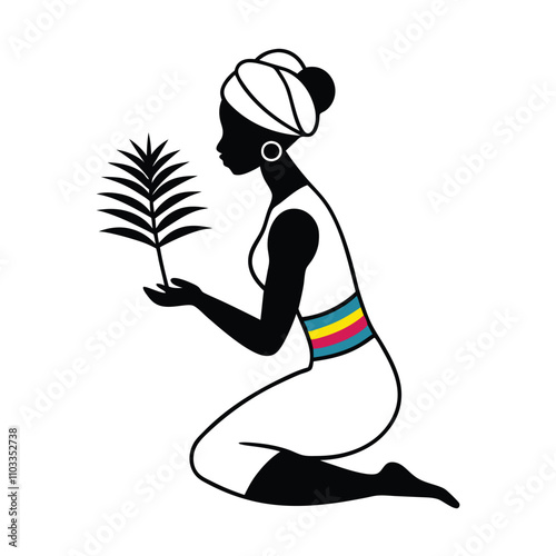 a colorful vector art silhouette of a kneeling woman holding a large rose flower with a leaf. She wears a vibrant,
