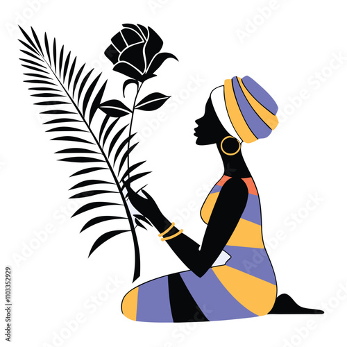 a colorful vector art silhouette of a kneeling woman holding a large rose flower with a leaf. She wears a vibrant,