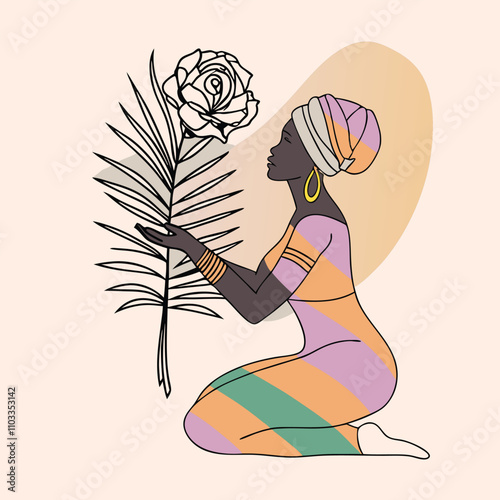 a colorful vector art silhouette of a kneeling woman holding a large rose flower with a leaf. She wears a vibrant,