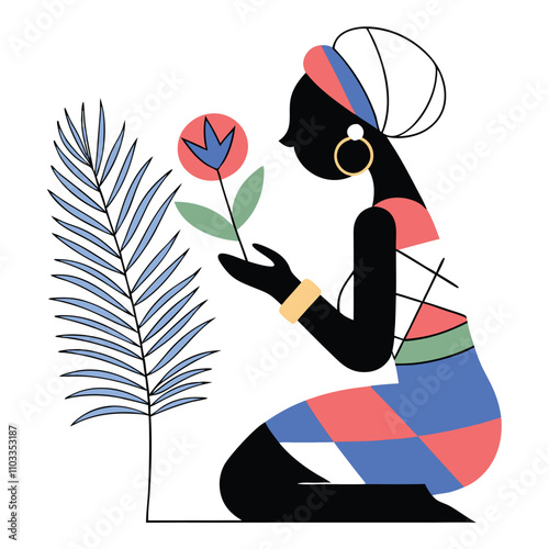 a colorful vector art silhouette of a kneeling woman holding a large rose flower with a leaf. She wears a vibrant,