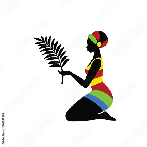 a colorful vector art silhouette of a kneeling woman holding a large rose flower with a leaf. She wears a vibrant,
