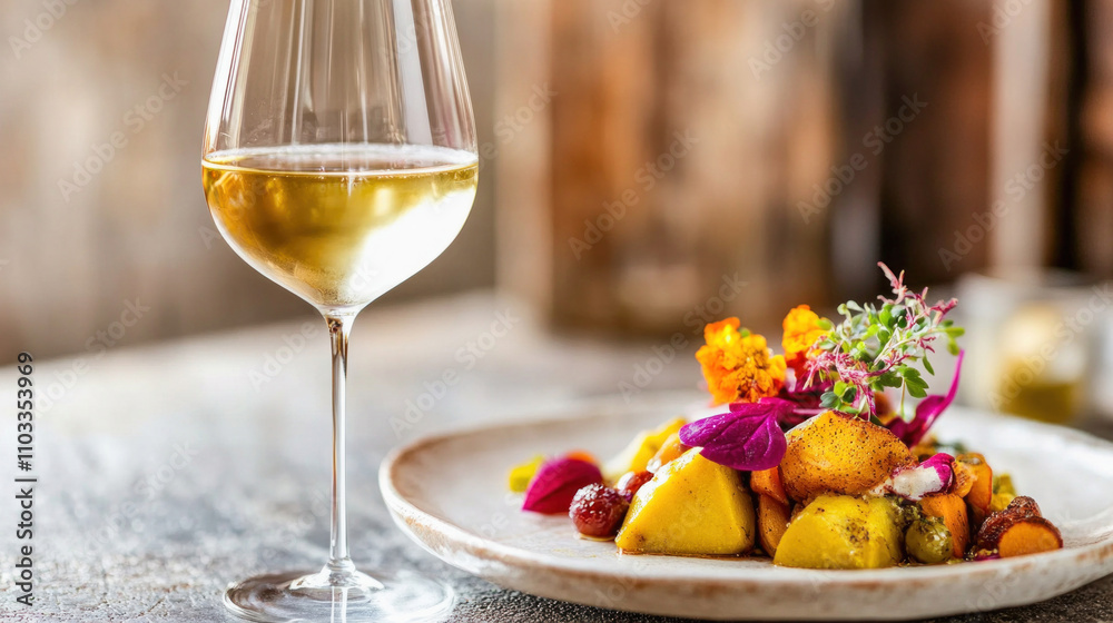 Gourmet vegan meal paired with white wine enhancing culinary experience